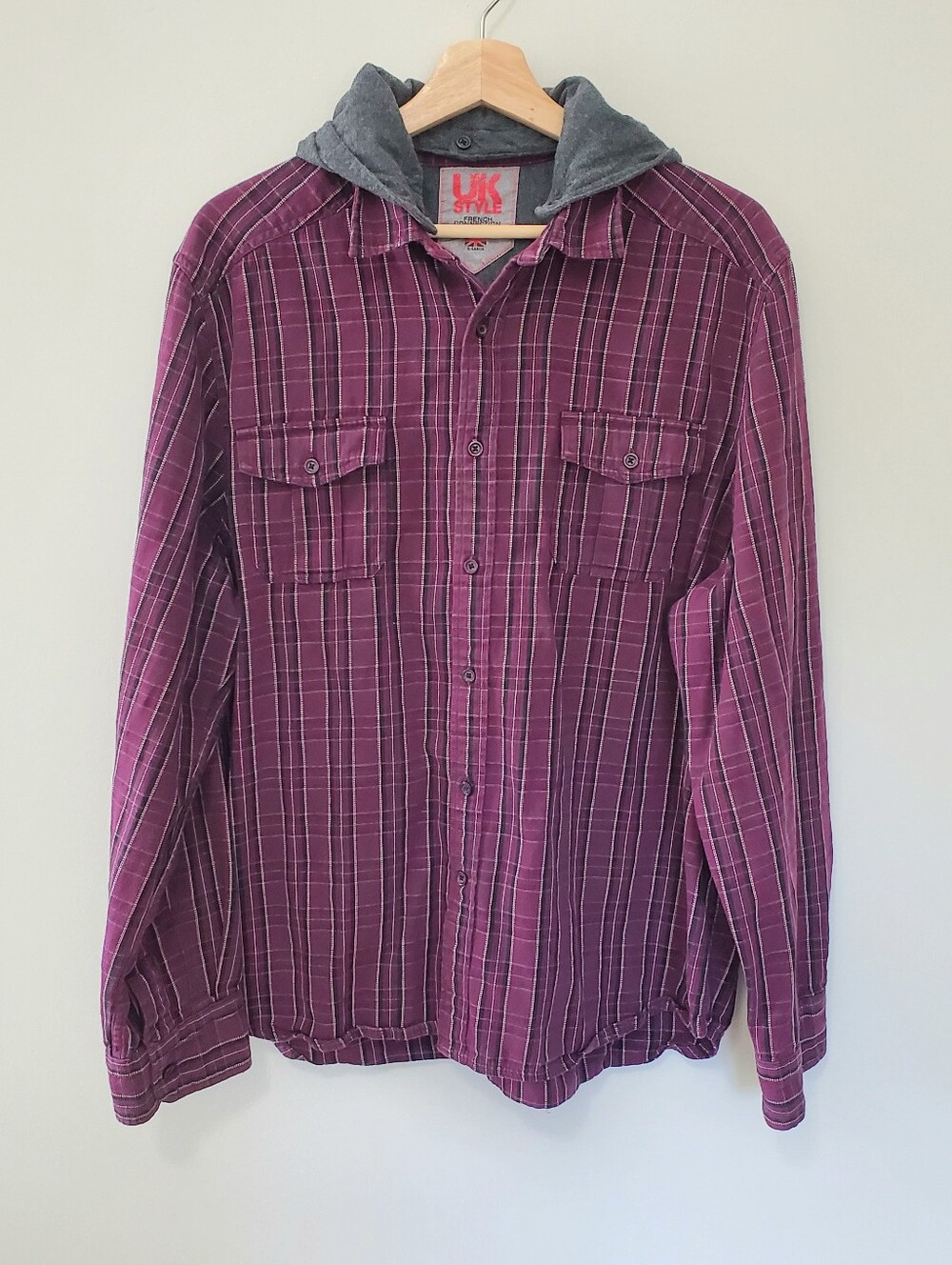 FCUK Frenxh Connection Men's Hooded Plaid Shirt XL Shacket Detachable Hood